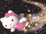 Hello Kitty flying in space with yellow stars