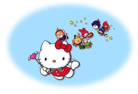 Hello Kitty flying in the sky with friends