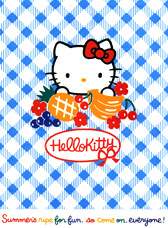 Hello Kitty holding fruits with blue background