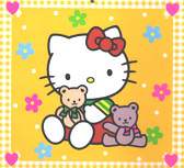 Hello Kitty holding two tedy bears with yellow background