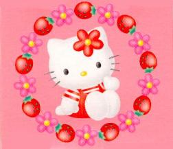 Hello Kitty around with flowers and strawberries