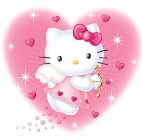 Hello Kitty as an angle with a big pinkish hearted background