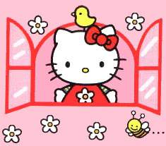Hello Kitty at a read pinkish window with a yellow bird on it's head