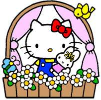 Hello Kitty at the window with full of flowers
